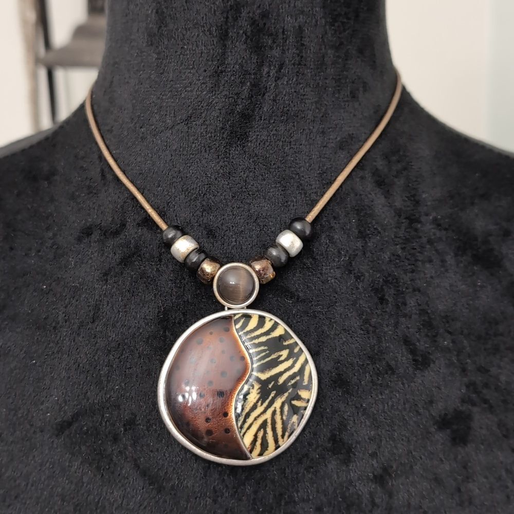 Chico's Copper/Pewter Tone Pendant Necklace Abstract Animal Print